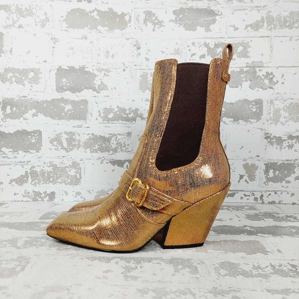 NEW Sam Edelman Women's Suzette 2 Gold Square Toe High Heel Chelsea Boots W247